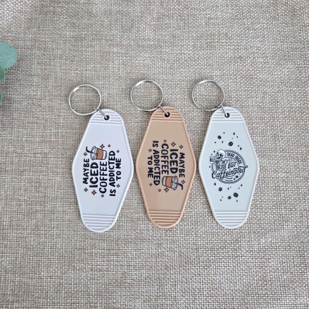 Iced Coffee Motel Keychain, Dead Inside Skeleton Car Accessories Reader Decor